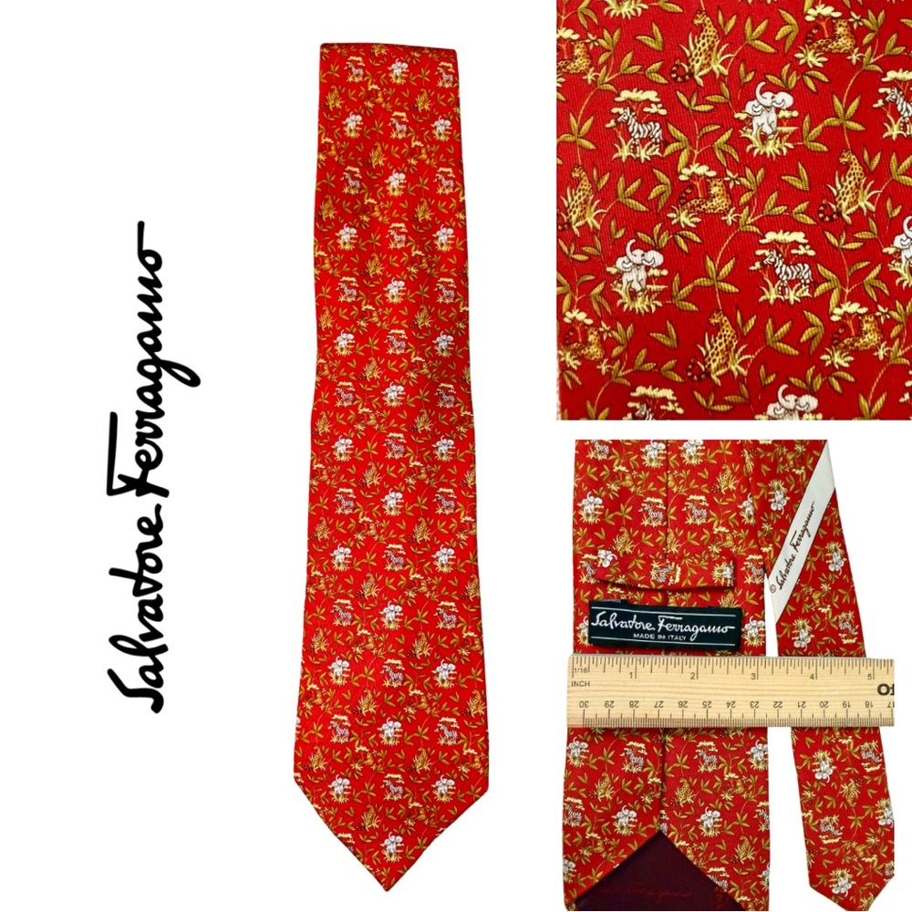 Salvatore Ferragamo Men’s Silk Red and Gold Safari Animal Print Tie